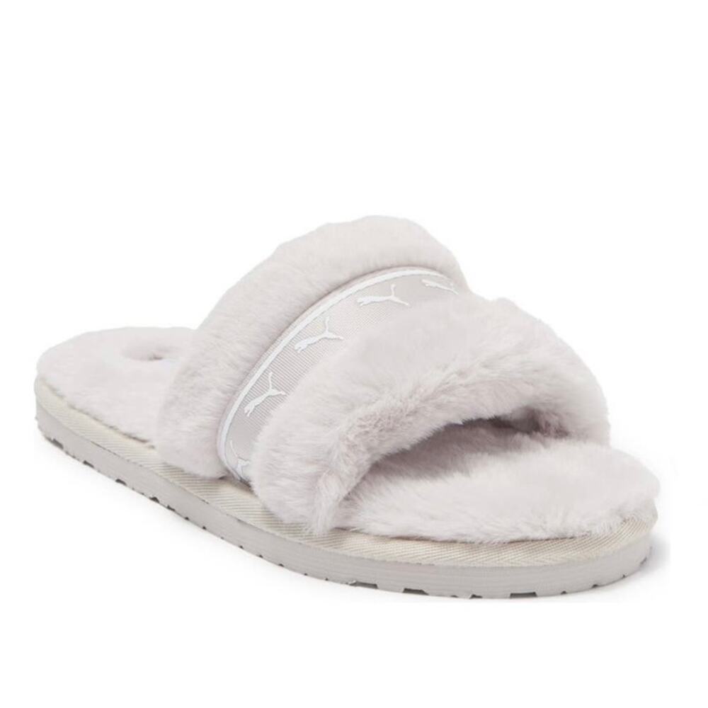 PUMA Fluff Remix Faux Fur Women's Shoes Slide Gray Sandals Size 5